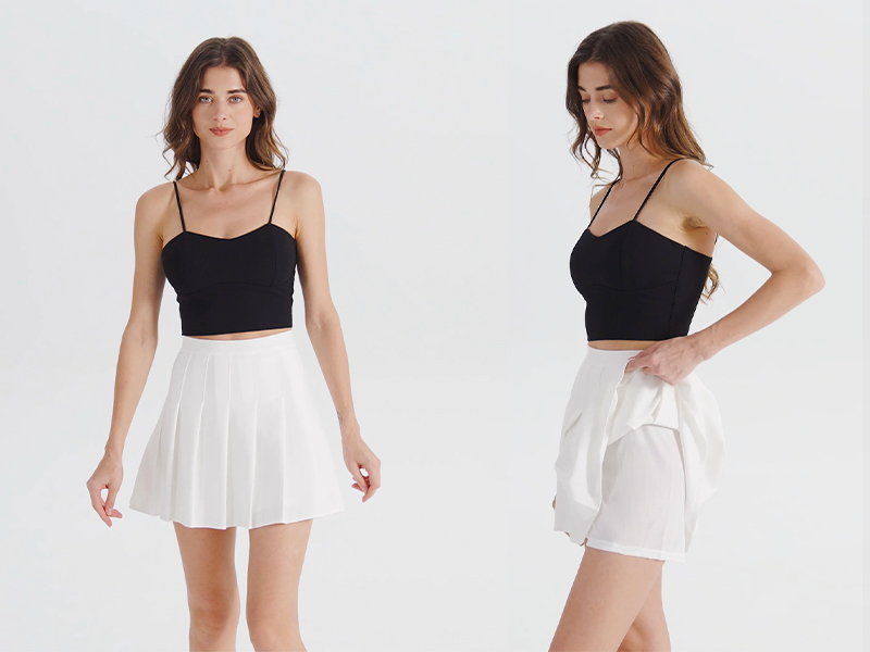 Two views of a white pleated skirt styled with a black top